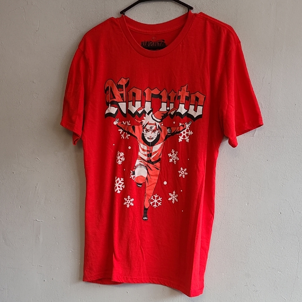 NWOT men's large Naruto Shippuden red tee t-shirt holiday snowflakes crewneck
